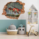 Wandtattoo Wanddurchbruch "Rajasaurus" Aufkleber im Kinderzimmer mit Kuscheltieren.