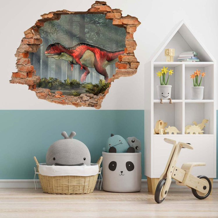 Wandtattoo Wanddurchbruch "Rajasaurus" Aufkleber im Kinderzimmer mit Kuscheltieren.
