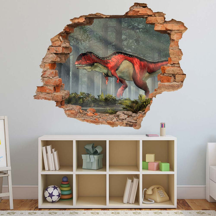 Wandtattoo Wanddurchbruch "Rajasaurus" Sticker, an der Wand in einer Spielecke.