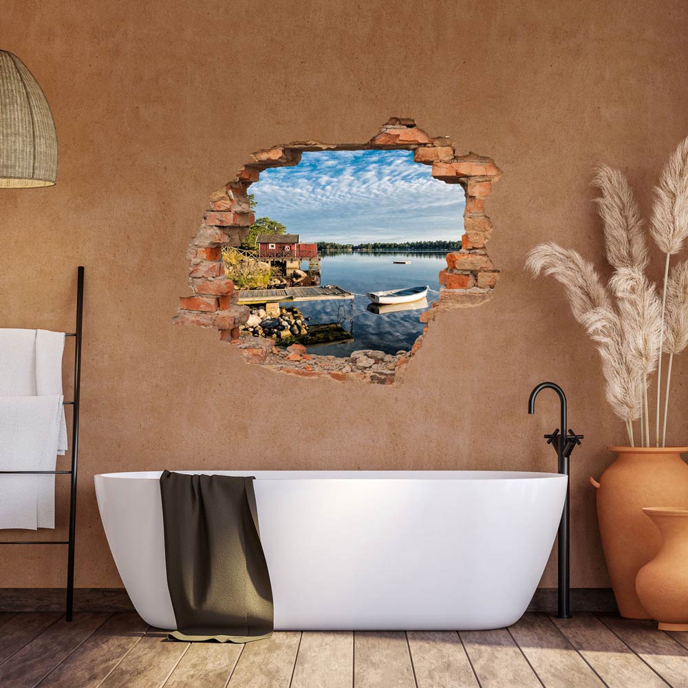 Wandaufkleber - Durchbruch "Seeufer" über der Wanne in einem gemütlichen Badezimmer.