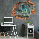 Wandtattoo Durchbruch Ziegelwand mit dem Motiv: "Spinosaurus" Dinosaurier an der grauen Wand in einem Jugendzimmer, mit Schreibtisch, PC und Skateboard.