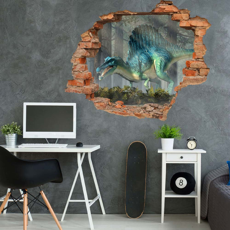 Wandtattoo Durchbruch Ziegelwand mit dem Motiv: "Spinosaurus" Dinosaurier an der grauen Wand in einem Jugendzimmer, mit Schreibtisch, PC und Skateboard.