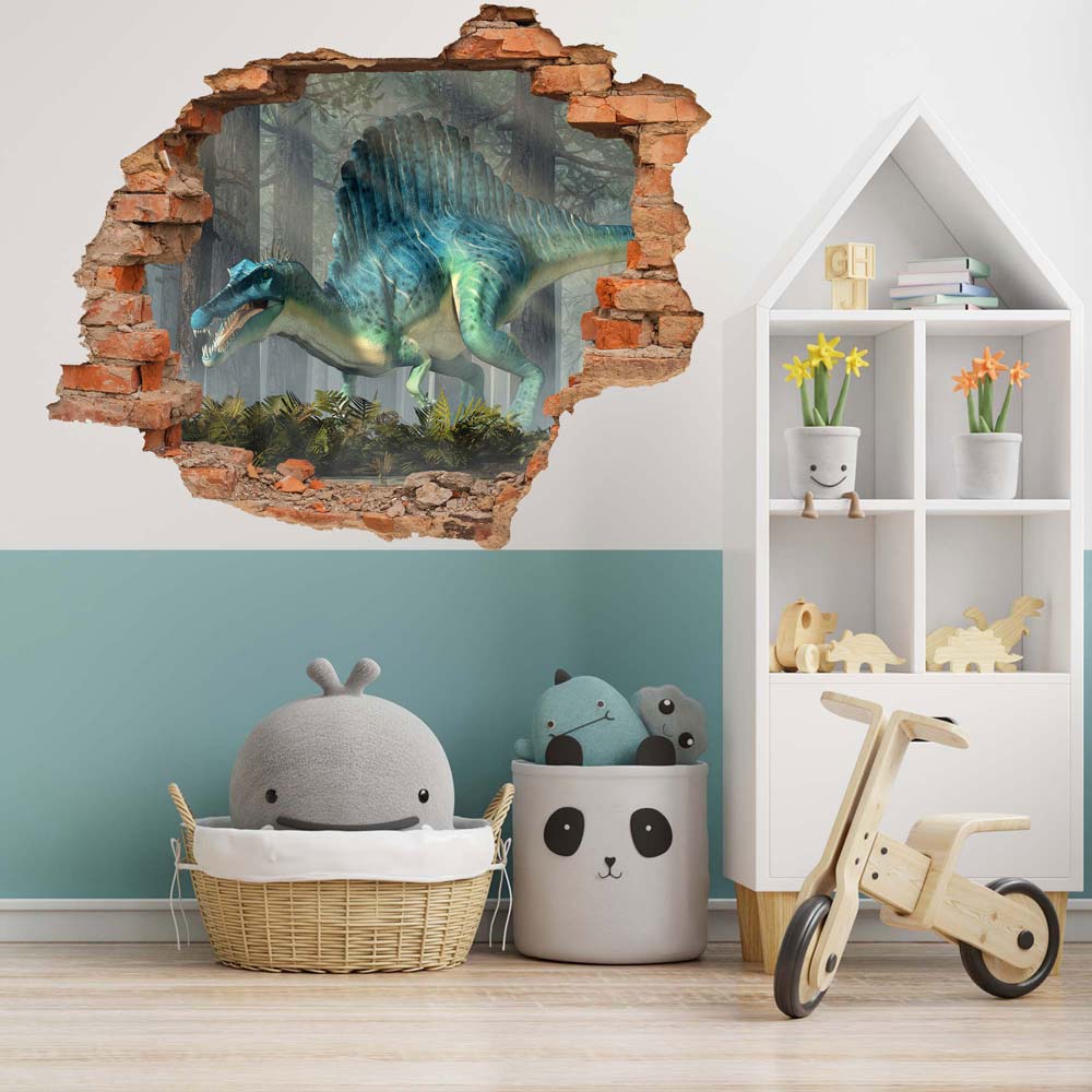 Wandtattoo Durchbruch Ziegelwand mit dem Motiv: "Spinosaurus" Dinosaurier an der Wand in einem Kinderzimmer mit Kuscheltieren.