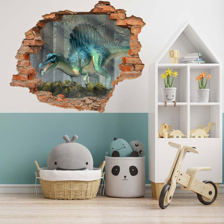 Wandtattoo Durchbruch Ziegelwand mit dem Motiv: "Spinosaurus" Dinosaurier an der Wand in einem Kinderzimmer mit Kuscheltieren.