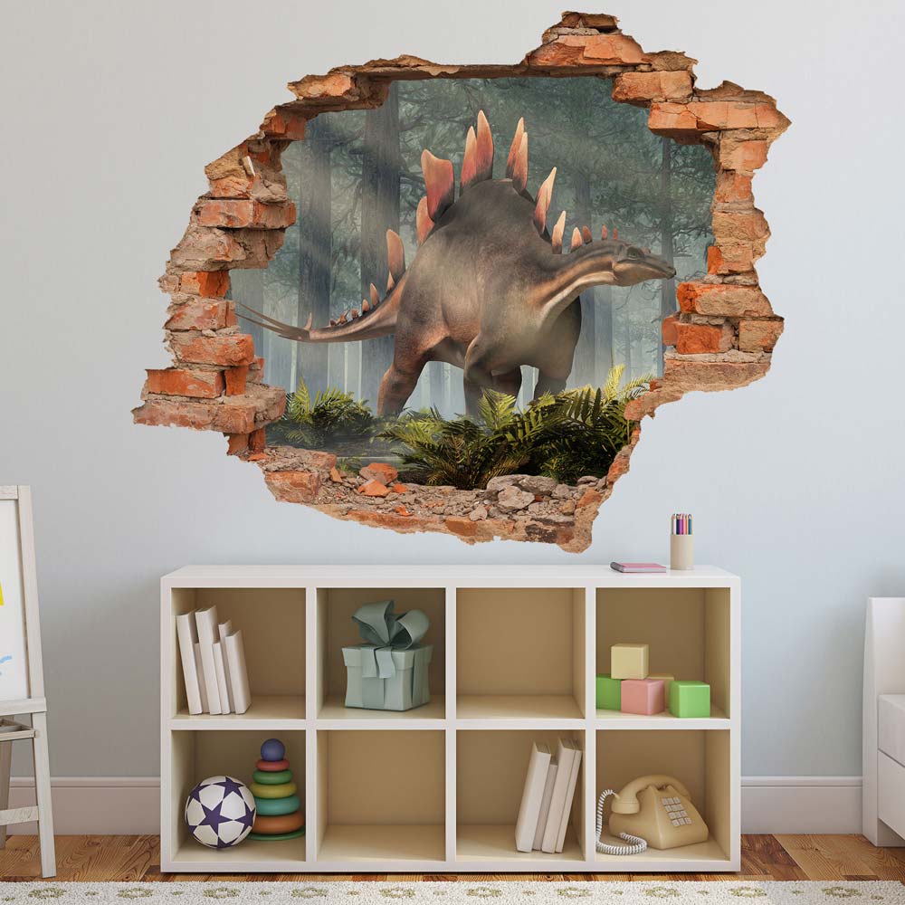Wandtattoo Mauerdurchbruch "Stegosaurus" im Spielzimmer über einem Regal.