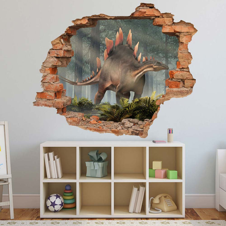 Wandtattoo Mauerdurchbruch "Stegosaurus" im Spielzimmer über einem Regal.