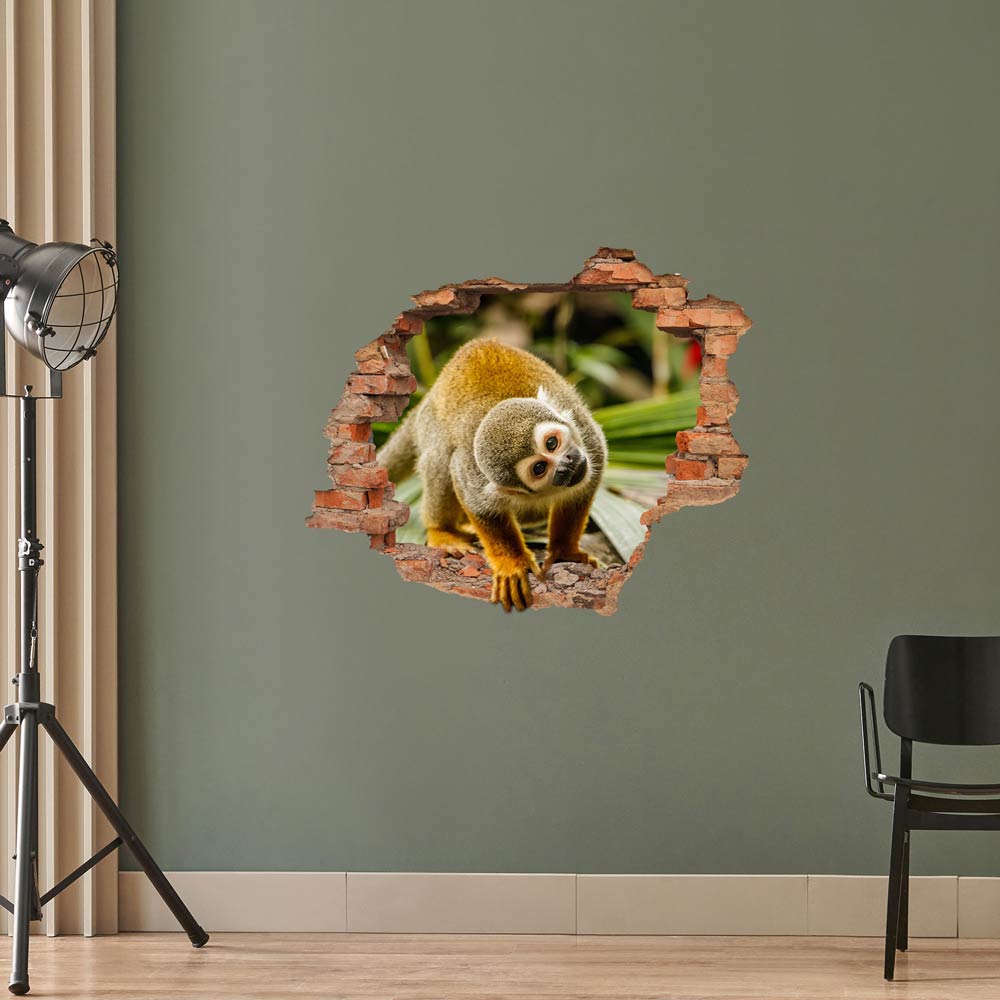 Wandtattoo - Wanddurchbruch "Affe" als Dekoidee in einem Studio an einer grünen Wand verklebt.