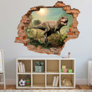 Wandtattoo Wanddurchbruch Ziegel "Tyrannosaurus Rex"  verklebt an Kinderzimmer Wand mit Spielzeugkommode.