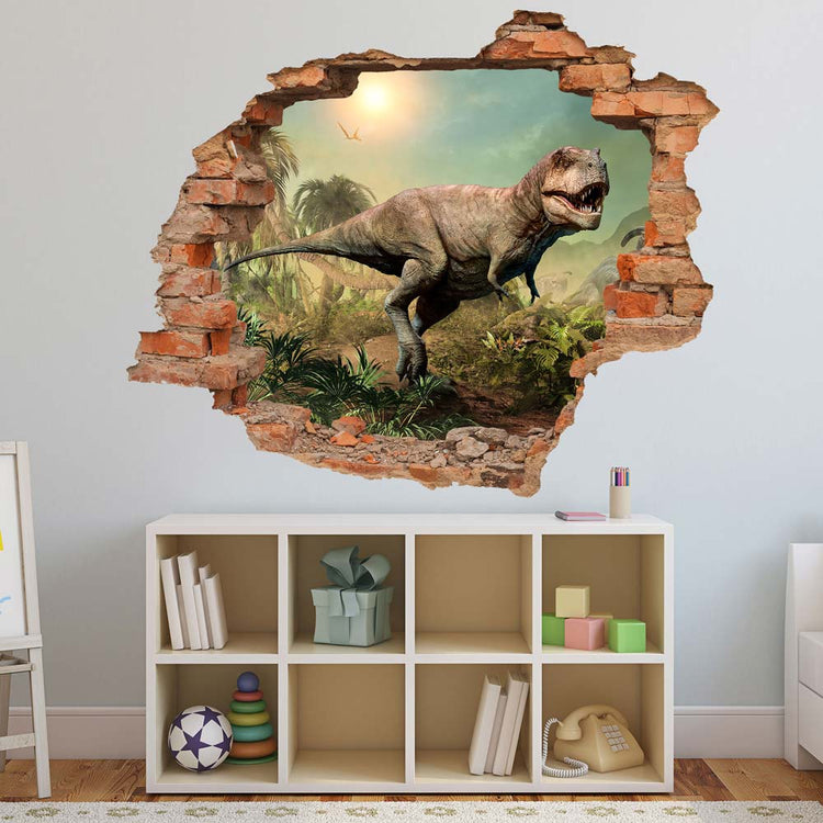Wandtattoo Wanddurchbruch Ziegel "Tyrannosaurus Rex"  verklebt an Kinderzimmer Wand mit Spielzeugkommode.