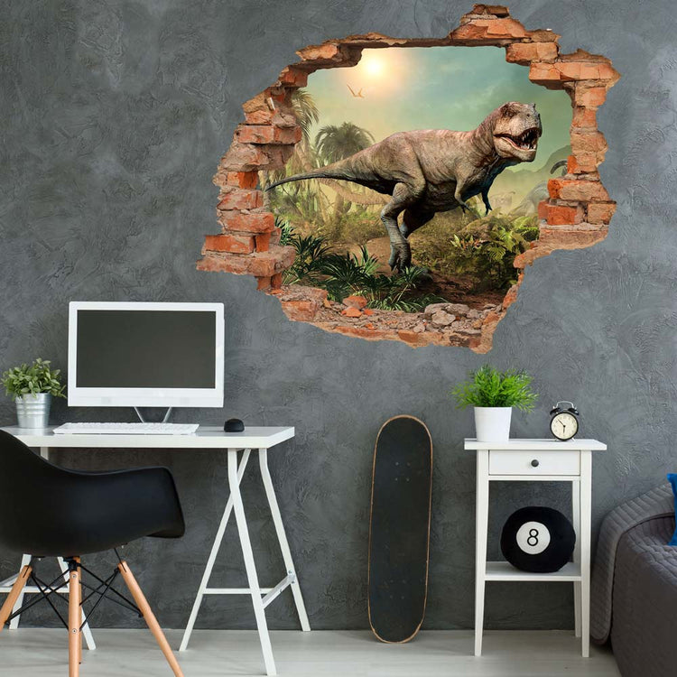 Wandtattoo Wanddurchbruch Ziegel "Tyrannosaurus Rex" in coolem Jugendzimmer an der grauen Wand.