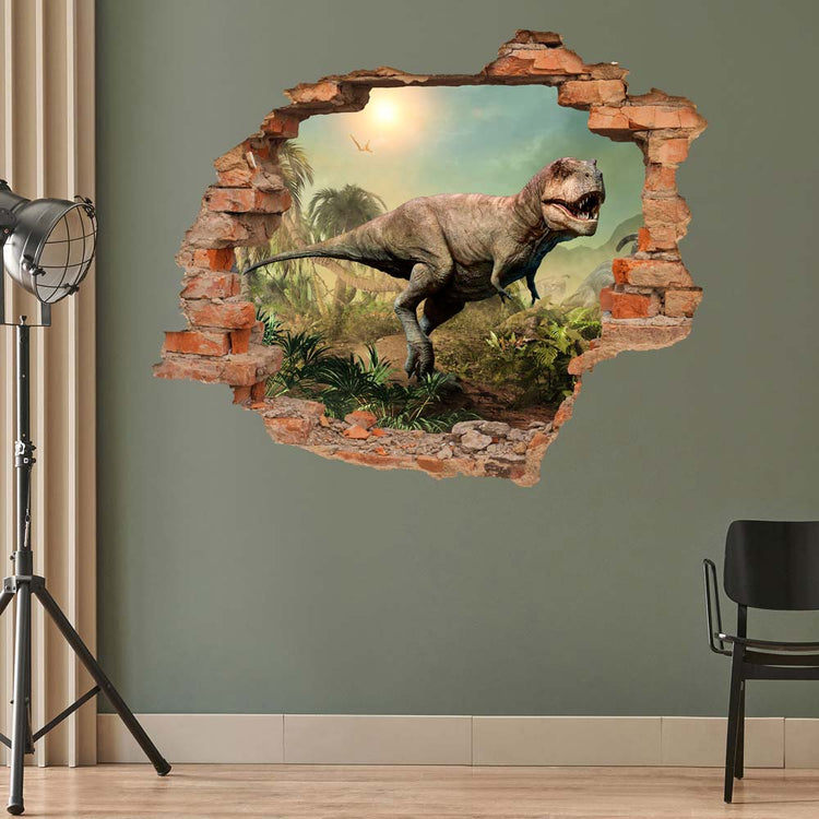 Wandtattoo Wanddurchbruch Ziegel "Tyrannosaurus Rex" an grüner Wand in einem Studio verklebt.
