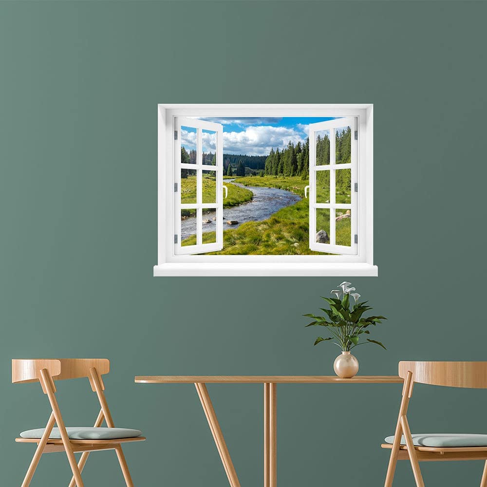Wandaufkleber offenes Fenster "Fluss-Landschaft", an einer grünen Wand über einem Esstisch.