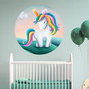Rundes Wandtattoo "Einhorn" über Babybettchen.