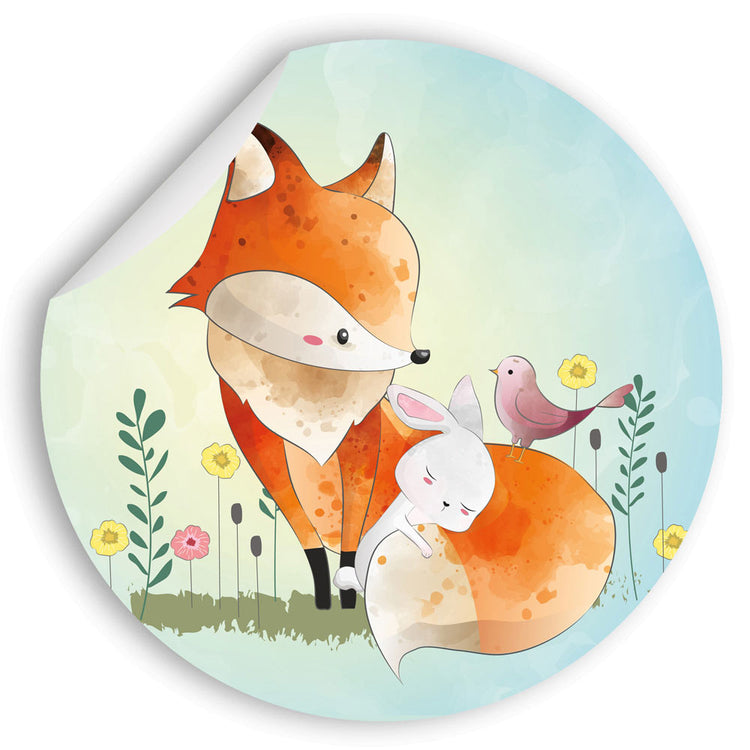 Runder Wandaufkleber "Fuchs und Hase" Hauptansicht aufgerollt.