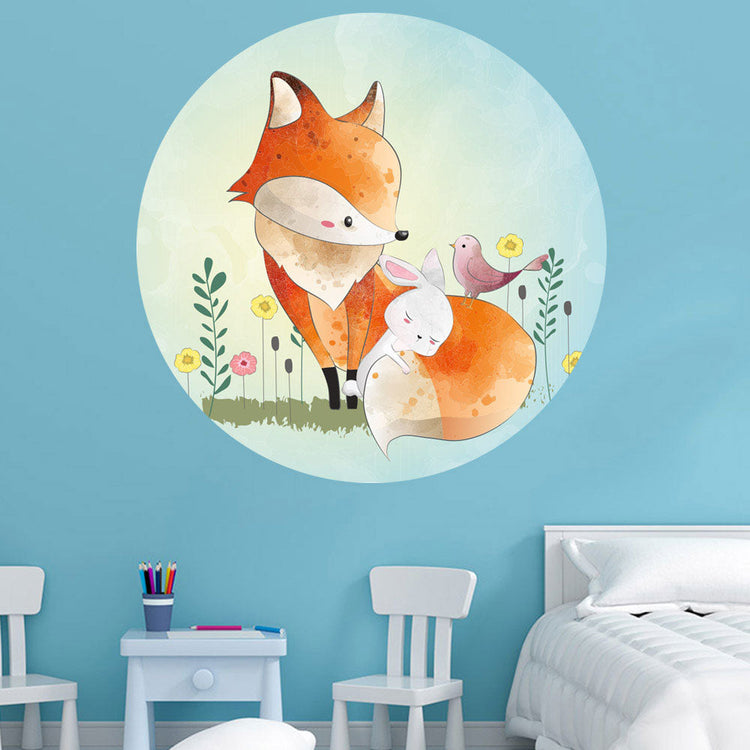 Runder Wandaufkleber "Fuchs und Hase"  in Kinderzimmer mit blauer Wand.