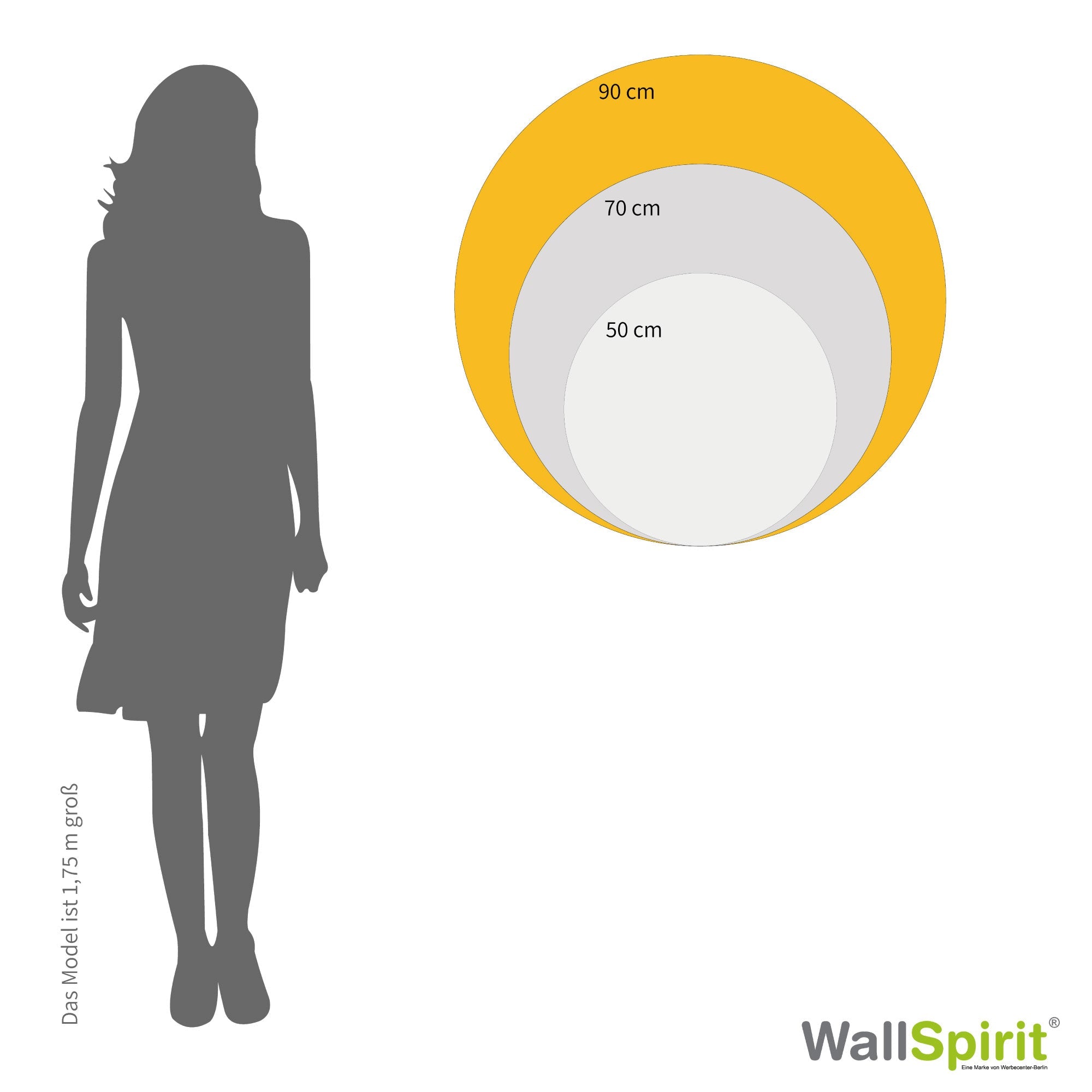 Vergleich der Wandtattoo-Größen in runder Form: 50 cm, 70 cm und 90 cm Durchmesser mit Model (1,75 m) als Größenreferenz.