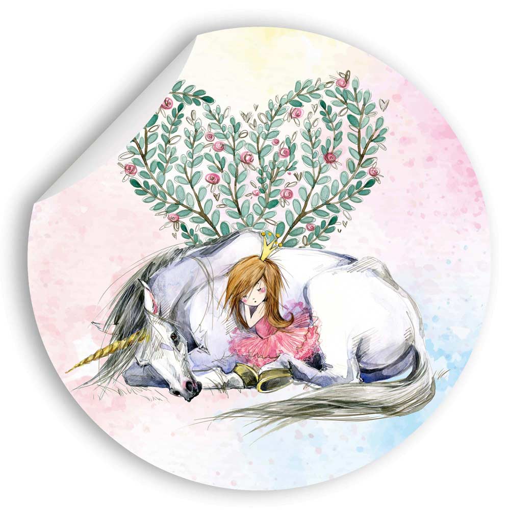 Wandtattoo rund "Einhorn mit Mädchen" Hauptbild aufgerollt.