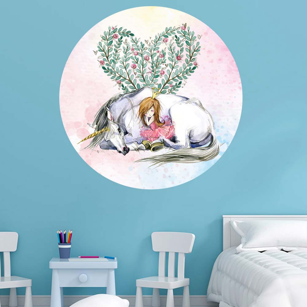 Wandtattoo rund "Einhorn mit Mädchen" in Kinderzimmer mit Spieltisch und Bett.