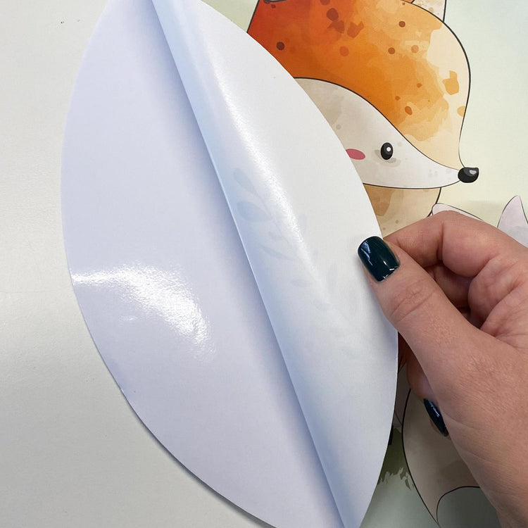 Nahaufnahme eines selbstklebenden Wandtattoos mit matter und glänzender Oberfläche beim Ablösen der Trägerfolie.